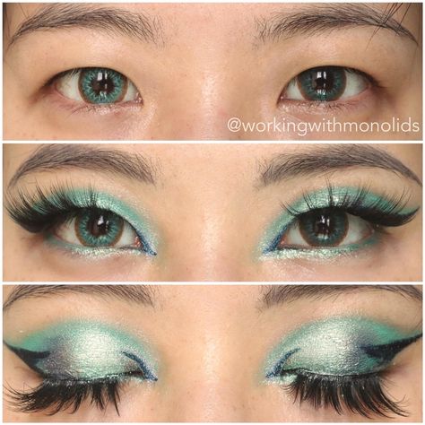 Hooded Monolid Eye Makeup, Monolids Makeup, Fox Eye Makeup, Turquoise Makeup, Eyeshadow For Hooded Eyes, Monolid Eye Makeup, Monolid Eyes, Monolid Makeup, Makeup Memes