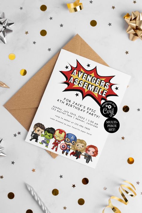 Avengers Birthday Party Pack, Avengers Birthday Party Kit, Instant Download. Featuring a vibrant watercolor interpretation of the beloved heroes of the Avengers, this party package is fully customizable and perfect for any Avengers fan. Need it for a baby shower instead? Easily edit the wording to suit your needs! This Avengers Birthday Party Pack is offered as a set of DIGITAL items that you customize yourself via Corjl.  ▶TRY BEFORE YOU BUY! Copy and paste the link into your web browser to try Avengers Theme Birthday, Avengers Birthday Party Decorations, Avengers Birthday Party, Marvel Birthday Party, Avengers Theme, Birthday Party Packs, Avenger Birthday Party, Avengers Party, Avengers Birthday