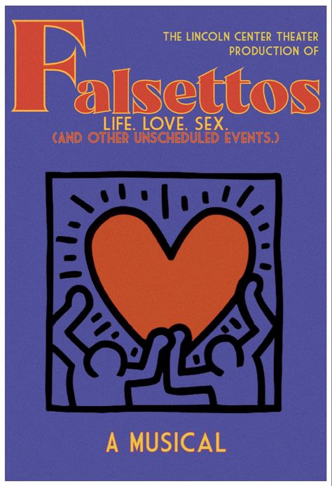 A redesign of the Falsettos playbill, combing graphics from the original show with type and layout from the 2017 revival. Musical Theatre Posters Aesthetic, Falsettos Playbill, Falsettos Tattoo, Falsettos Poster, Falsettos Aesthetic, Falsettos Wallpaper, Falsettos Musical, The Falsettos, Dorm Posters