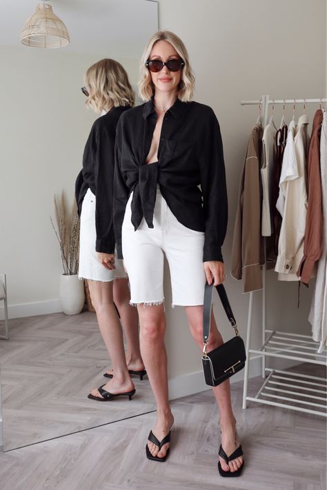 Black Linen Shirt Outfit, White Shirt Black Jeans, Linen Shirt Outfit Women, Strathberry Bag, Linen Shirt Outfit, Black Linen Shirt, Denim Shorts Black, Oversized Linen Shirt, Chic Summer Outfits