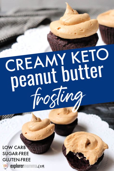 Creamy keto peanut butter frosting is rich and creamy yet quick and easy to make. Whip it together for a low carb icing on a gluten-free cake or cupcakes. Chocolate peanut butter is always a good choice! #ketodietrecipes #ketodesserts #ketobirthday Keto Peanut Butter Frosting, Low Carb Birthday Cake, Low Carb Birthday, Keto Birthday Cake, Peanut Butter Icing, Keto Peanut Butter, Postre Keto, Low Carb Peanut Butter, Gluten Free Cupcakes