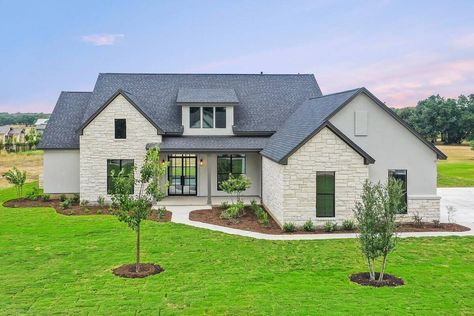 French Front Doors, Transitional Farmhouse, Stand Alone Tub, Shed Dormer, Garage Floor Plans, European Farmhouse, Garage House Plans, Glass Doors Interior, Contemporary Cottage