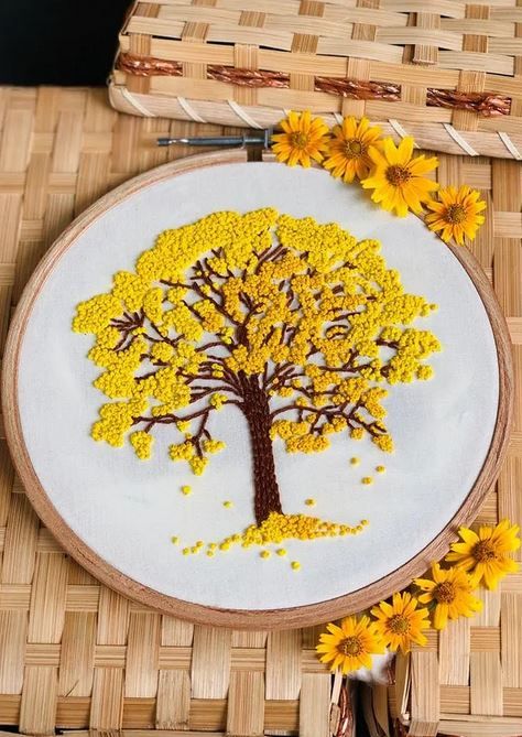 Yellow Cherry Blossom Tree Embroidered Wall Hoop available on #ShopOnLBB Sulaman Pita, Beginner Embroidery Kit, Subversive Cross Stitch, Diy Embroidery Kit, Floral Embroidery Patterns, Hand Embroidery Videos, Hand Embroidery Kit, Pola Kristik, Hand Embroidery Flowers