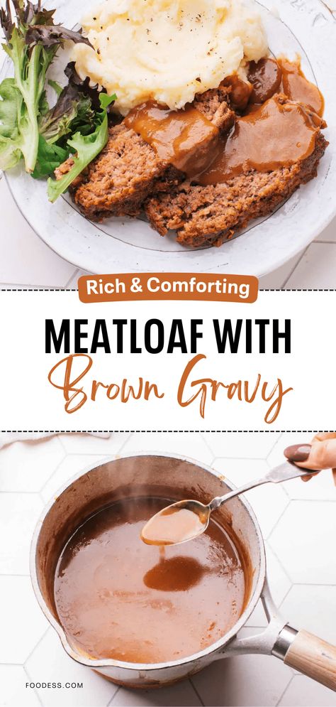 Meatloaf and gravy - a match made in comfort food heaven. But is your meatloaf gravy just okay? This recipe gives away the secret to a rich, flavorful brown gravy that elevates your entire dish. The juicy meatloaf is simple to prepare and packed with deliciousness. It's the best meatloaf recipe to transform your next weeknight dinner into a warm and satisfying experience. Head over to my blog now and get ready to experience meatloaf like never before! Cheap Meatloaf Recipes, Meatloaf With Gravy Recipes Easy, Meatloaf And Mushroom Gravy, Meatloaf Brown Gravy Recipes, Meatloaf Recipes Gravy, Brown Gravy For Meatloaf, Meatloaf Gravy From Drippings, Meatloaf Recipes With Brown Gravy, Meatloaf With Brown Gravy Recipes