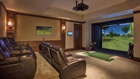 Golf at home? Golf Man Cave, Home Golf Simulator, Golf Simulator Room, Golf Room, Golf Simulator, Golf Simulators, Man Cave Home Bar, Home Theater Rooms, Theatre Room