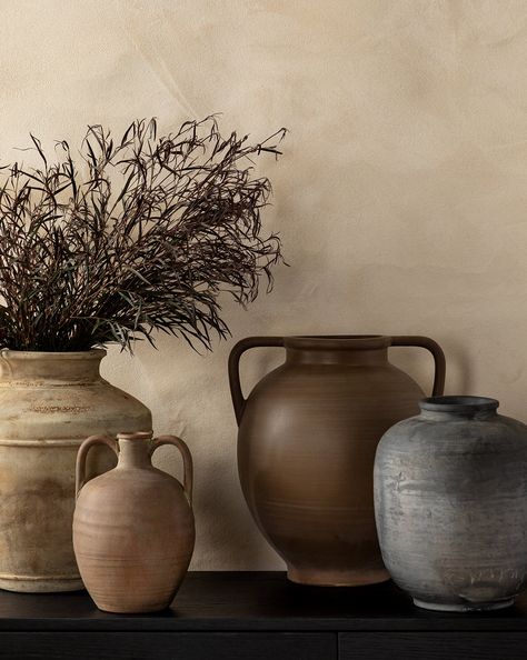 Made from a warm, traditionally colored clay, the Terracotta Urn is a timeless accessory. An elegant ovular shape with steep rounded handles, this modest jar will add a rustic and vintage feel to any shelf or console display. Organic Vessels, Terracotta Urn, Rustic Vases, Traditional Vase, Console Display, Organic Interiors, Vasos Vintage, Terracotta Vases, Spanish Casa