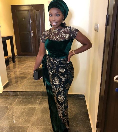 Velvet x Lace Issa slaying combo 😍 @lovefromsaf 💚  #Traditionalweddinghub Aso Ebi Lace, Aso Ebi Lace Styles, Velvet Evening Gown, Nigerian Lace Styles, African Lace Styles, African Dresses For Kids, Lace Gown Styles, Lace Dress Styles, African Wear Dresses