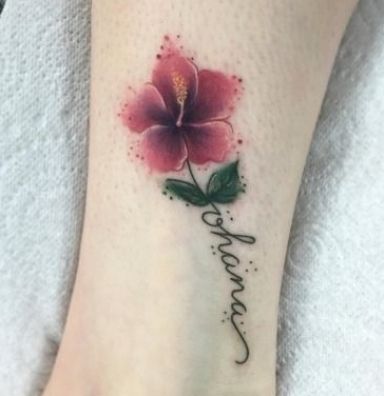 Hibiscus Flower Tattoo, Sarah Cooper, Name Flower Tattoo, Colored Tattoos, Hawaiian Flower Tattoos, Hibiscus Flower Tattoos, Ohana Tattoo, Lily Flower Tattoos, Hibiscus Tattoo