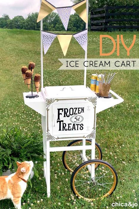 Transform a popcorn machine cart base into an  ice cream cart perfect for birthday parties and weddings. #fleamarketflip Ice Cream Cooler Cart, Diy Party Cart With Wheels, Diy Paleta Cart, Diy Popcorn Cart, Ice Cream Cart Ideas, Ice Cream Cart Diy, Ice Cream Stand Diy, Diy Ice Cream Truck, Diy Food Cart