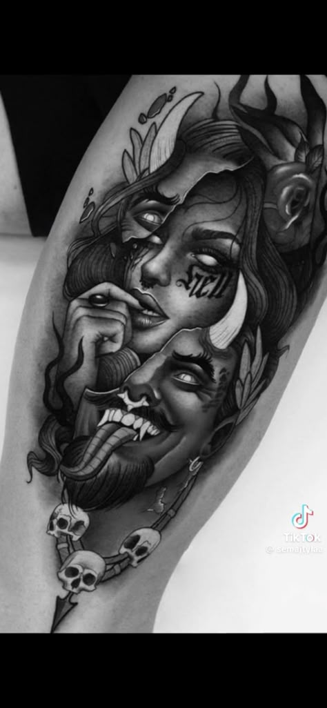 Demonic Tattoos For Men Small, Hecate Goddess Tattoo Realism, Demonic Woman Tattoo, Demonic Tattoos Female, Masked Woman Tattoo, Black And Grey Tattoos For Women, Evil Woman Tattoo, Devil Tattoo For Women, Female Devil Tattoo