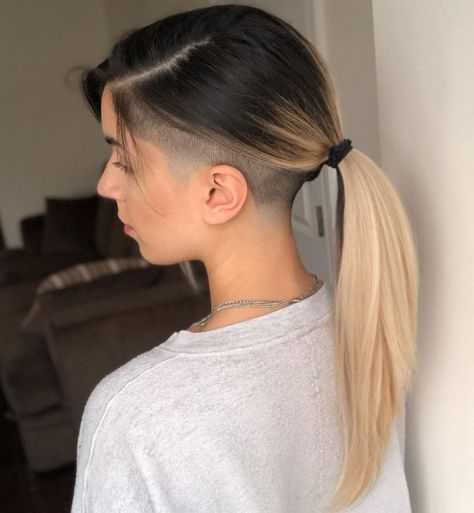 The 50 Coolest Shaved Hairstyles for Women - Hair Adviser Ponytail Undercut, Shaved Side Haircut, Long Hair Shaved Sides, Side Haircut, Undercut Hairstyles Women, Undercut Long Hair, Half Shaved Hair, Shaved Hair Designs, Shaved Undercut