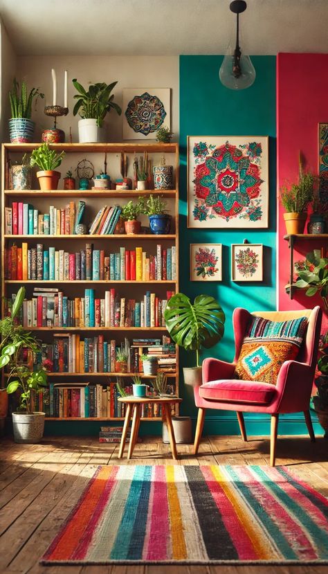 💡 17+ Library Decoration Ideas to Inspire Book Lovers Maximalist Home Library, Bookshop Interior Design, Colorful Home Library, Maximalist Library, Library Decoration Ideas, Library Aesthetic Home, Bookshop Interior, Boho Library, Whimsical Library