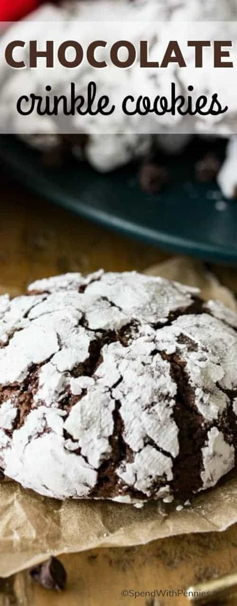 Richly fudgy chocolate crinkle cookies, studded with mini chocolate chips (for extra chocolate flavor), and rolled in powdered sugar!  These are a classic holiday (or anytime) favorite! #spendwithpennies #chocolatecrinklecookies #easycookierecipe #holiday #easyrecipe #holidayrecipe #chocolatecookies Crinkle Cookies Chocolate, Chocolate Crinkles Recipe, Crinkles Recipe, Cracked Cookies, Chocolate Dough, Chocolate Crinkle Cookies Recipe, Crinkle Cookies Recipe, Cheesecake Oreo, Chocolate Crinkle