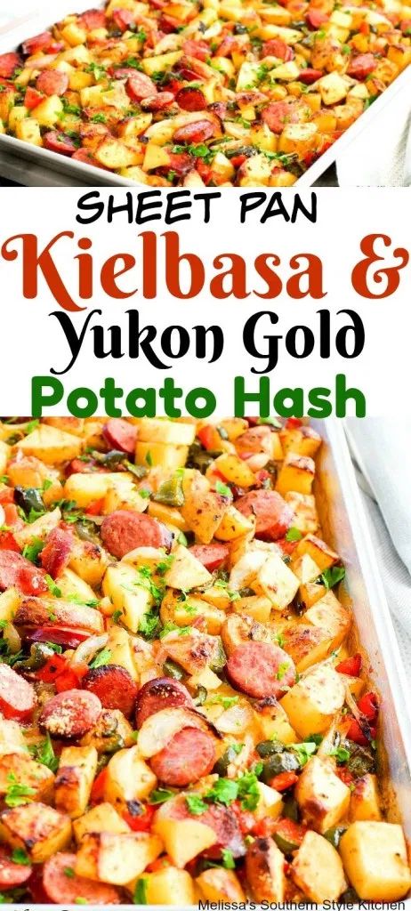 Sheet Pan Kielbasa and Yukon Gold Potato Hash Sheet Pan Kielbasa, Dinner Food Recipes, Breakfast Southern, Sheet Pan Suppers Recipes, Gold Potato Recipes, Yukon Gold Potato, Kielbasa And Potatoes, Recipes Brunch, Oven Meals