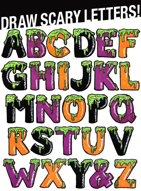 Draw Scary Letters for Halloween! Learn step by step how to draw these Halloween slime letters easy! Slime Letters Font, Drippy Letters Alphabet, Scary Lettering, Creepy Lettering, Cool Letters To Draw, Slime Letters, Trippy Letters, Drippy Letters, Cool Lettering Fonts