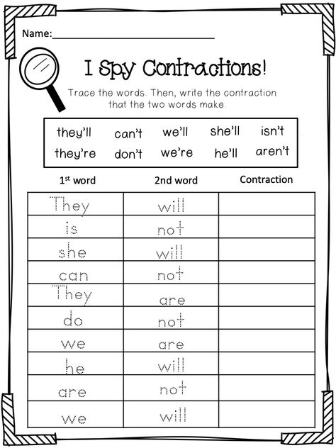 Learn contractions! Use apostrophes! Put two words together to make contractions! 2nd Grade Contractions, Contractions Worksheets 1st Grade, 2nd And 3rd Grade Activities Fun, Contractions Worksheets 2nd Grade, Contraction Words, Contractions Anchor Chart, Teaching Contractions, Contractions Worksheet, Contractions Activities