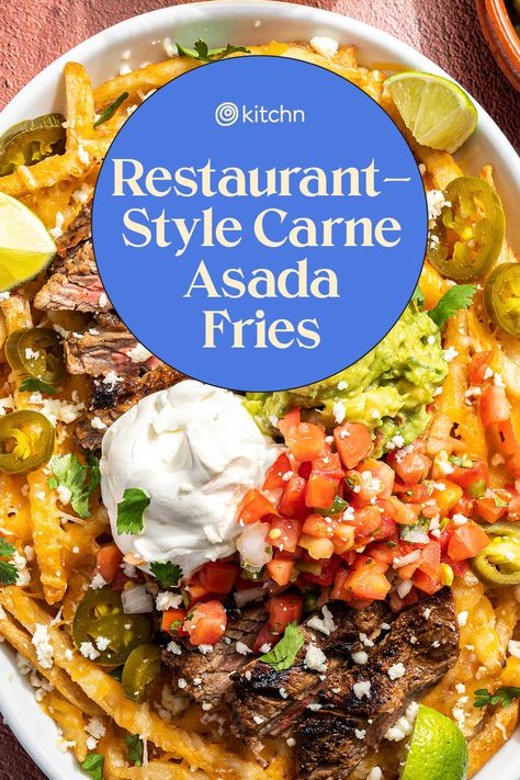 Loaded Carne Asada Fries, Loaded Steak Fries, Fries Recipe Loaded, Mexi Fries, Carne Asada Fries Recipe, Taco Fries, Bar Specials, Mexican Cuisine Recipes, Carne Asada Fries