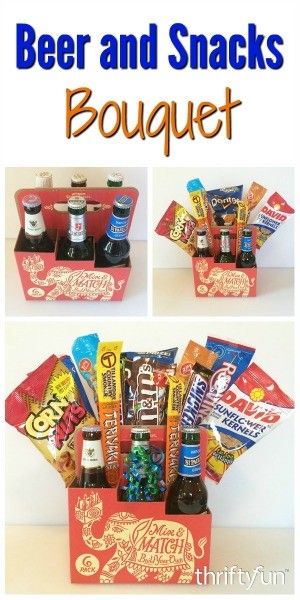 Try making this fun, personalized gift bouquet for an upcoming birthday or other event. This is a guide about making a beer and snacks bouquet. Snacks Bouquet, Beer And Snacks, Easy Graduation Gifts, Beer Bouquet, Lottery Ticket Gift, Beer Gifts Basket, Beer Basket, Snack Gift Baskets, Gift Card Bouquet