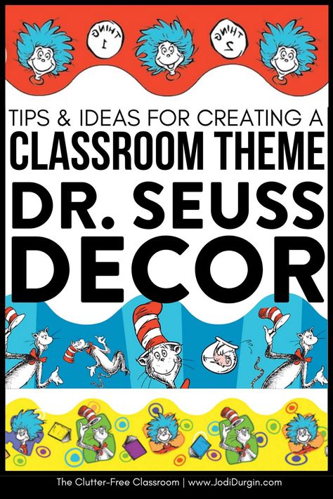 Educators searching for Dr. Seuss Classroom Theme or Door Decor Ideas will find the inspiring photos & decorating tips from the Clutter Free Classroom. Elementary school teachers wondering how to set up a classroom on a budget will find the bulletin board inspo, photos, & DIY tips for setting up their rooms for back to school or a mid-year refresh to be encouraging. You'll also find classroom decor bundles & theme ideas to be quick & easy! Dr Seuss Birthday Board Classroom, Dr Seuss Classroom Theme Preschool, Cat In The Hat Classroom Theme, Dr Suess Decorations Diy, Dr Suess Bulletin Board Idea, Dr Seuss Bulletin Board Ideas, Theme Classroom Ideas, Classroom On A Budget, Doctor Suess Classroom