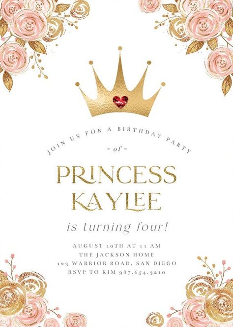 Pink & Gold Floral Princess - Birthday Invitation Template | Greetings Island Pink Invitation Template, Party Invitations Templates, Princess Invitation Template Free, Princess Theme Birthday Invitation Card, Royal Princess Birthday Party Invitation, Disney Princess Invitations Template Blank, Princess Birthday Invitations Blank, Fireman Birthday, Princess Birthday Invitations