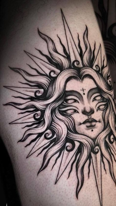 Sun Arch Tattoo, Ornate Sun Tattoo, Sun Tattoo On Knee Cap, Native Sun Tattoo, Female Sun Tattoo, Sun Shin Tattoo, Sun Tattoo Above Knee, Artistic Sun Tattoo, Sun And Moon Skull Tattoo