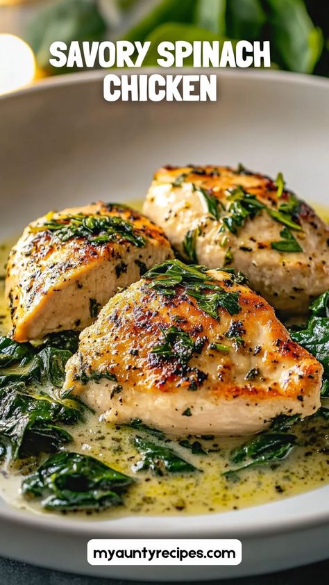 This savory spinach chicken combines juicy, tender chicken with a hearty spinach topping for a meal that’s both healthy and delicious. Perfect for weeknight dinners, this dish is easy to make and packed with flavor. Chicken With Kale Recipes, Wholesome Chicken Dinner, Chicken With Spinach Recipes Healthy, Super Healthy Chicken Recipes, Chicken Dinner With Spinach, Chicken And Spinach Recipes Dairy Free, Baked Chicken Spinach Recipes, Chicken Thighs Spinach Recipes, Baked Chicken And Spinach Recipes