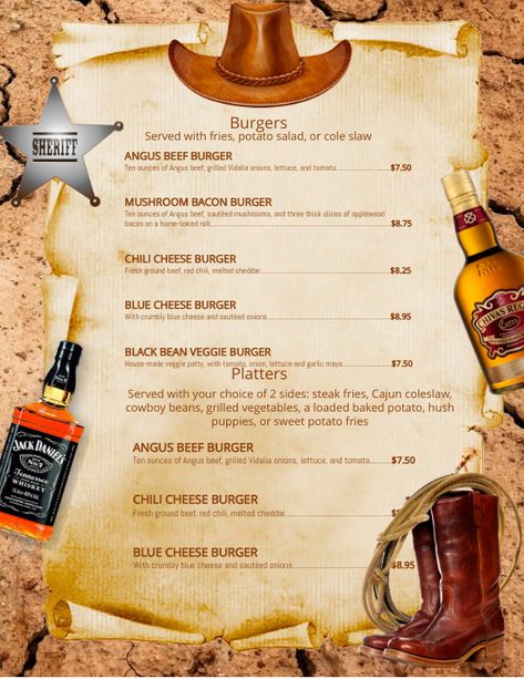 Cowboy Food, Chili Cheese Burger, Blue Cheese Burgers, Dinner Menu Ideas, Menu Flyer, Sample Menu, Black Bean Veggie Burger, Cowboy Design, Restaurant Menu Template