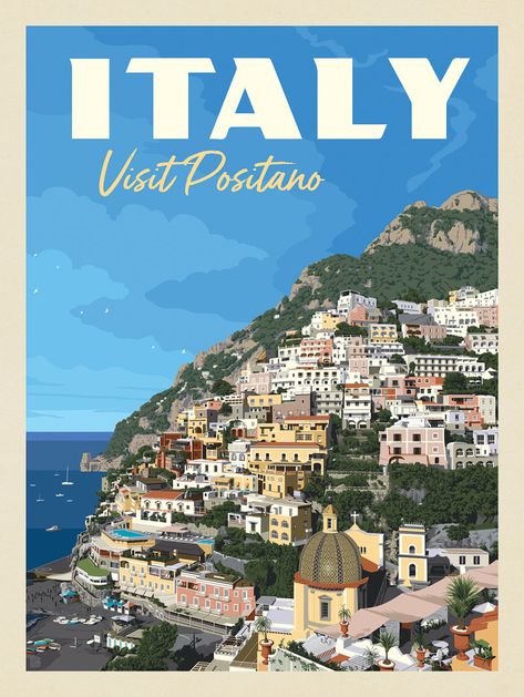 Anderson Design Group Cliffside Village, Dragon And Tiger, Italy Positano, Anderson Design Group, Italy Poster, Travel Poster Design, Retro Artwork, Canvas Banner, Vintage Poster Design