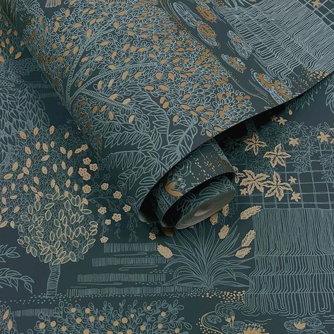 Imitating an embroidered scene inspired by the beauty of nature and Japanese gardens, this design features tall reeds and lush trees with a gentle metallic lustre effect. Seen here in the Blue colourway. Japanese Garden Wallpaper, Holden Wallpaper, Decoration Hall, Albany Wallpaper, Scene Drawing, Garden Wallpaper, Japanese Gardens, Metallic Luster, Beautiful Wallpaper