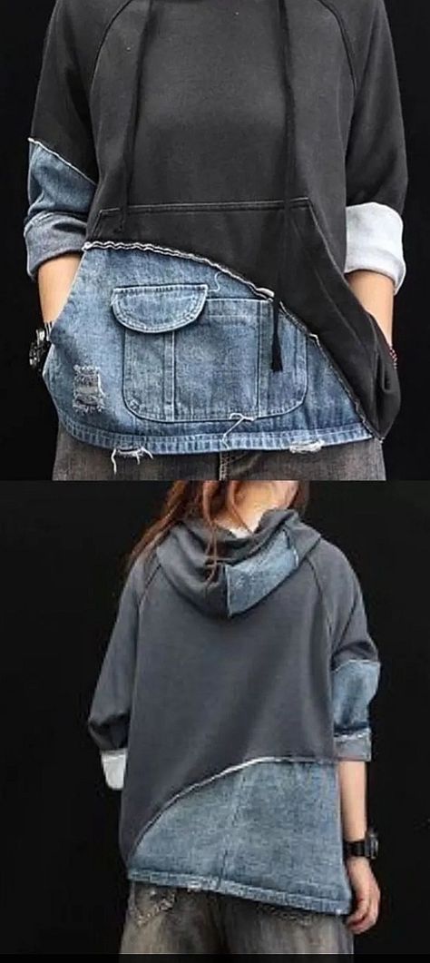 Jeans Recycling, Ropa Upcycling, Sweatshirt Refashion, Hoodie Diy, Upcycle Clothes Diy, Repurposed Clothing, Casual Outfit Inspiration, Denim Ideas, Moda Jeans