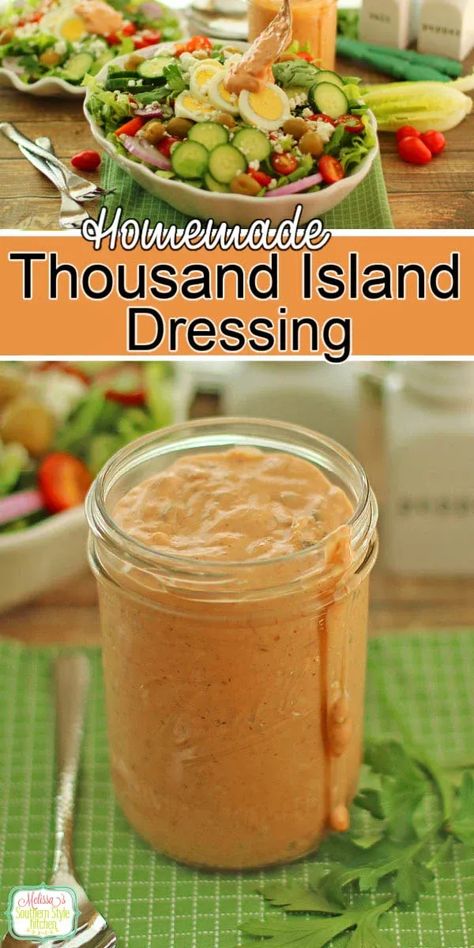 Use this easy Thousand Island Dressing as a salad dressing, sandwich spread or as a dip with your favorite fresh vegetables for snacking. #thousandislanddressing #easysaladrecipes #homemadethousandisland #easyrecipes #southernrecipes #dressingrecipes #dressing #diprecipes Sauce For Burgers, Thousand Island Dressing Recipe, Easy Coleslaw Dressing, Avocado Lime Ranch Dressing, Meat Marinades, Homemade Thousand Island Dressing, Goddess Dressing Recipe, Caesar Salad Dressing Recipe, Homemade Caesar Salad Dressing