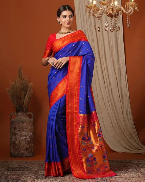 Embrace the essence of Marathi culture with our Royal Blue & Red Soft Silk Chandrakor Paithani Saree. 🌺✨ Featuring intricate checks and copper zari Chandrakor motifs, this exquisite saree captures the grace and heritage of traditional Paithani weaving. The rich peacock designs on the pallu add a timeless allure, making it a perfect choice for weddings, parties, and festive occasions. Celebrate every moment in the elegance of authentic artistry and craftsmanship. #PaithaniSaree #MarathiTrad... Royal Blue Traditional Saree, Sakharpuda Maharashtrian Look, Chandrakor Paithani, Paithani Saree Traditional Look, Marathi Culture, Paithani Saree, Peacock Design, The Grace, Royal Blue