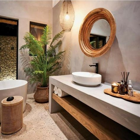 Bathroom Ideas Bali Style, Thai Bathroom Design, Modern Bali Bathroom, Tulum Interior Design Bathroom, Bali Themed Bathroom, Bali Style Bathroom Ideas, Bali Style Home Interiors, Tulum Inspired Bathroom, Brazilian Bathroom