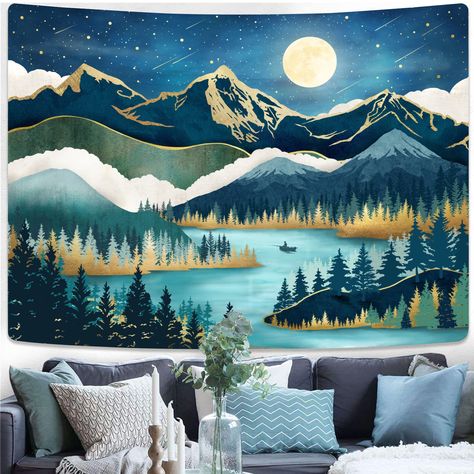 Aesthetic Starry Night, Living Room Teal, Starry Night Moon, Bedroom Tapestry, Living Room Tapestry, Mountain Tapestry, Dorm Living Room, Tree Tapestry, Tapestry Nature