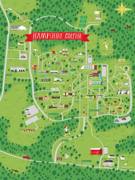 Campus map for Hampshire College College Map Design, Park Map Illustration, Farm Mural, Hampshire College, Map Brochures, Zoo Map, Venice Map, Project Architecture, Map Creator