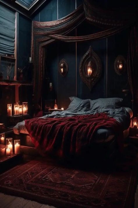 Dark Fairy Bedroom, Small Bedroom Inspirations Cozy, Dark Fairycore Aesthetic, Bedroom Fairycore, Bedroom Feminine, Witchy Bedroom Ideas, Bedroom Moody, Witch Bedrooms, Fairycore Decor