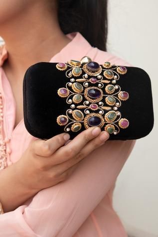 Shop for D’zior Perl Embellished Velvet Clutch Online at Aza Fashions Fancy Clutch Purse, Fancy Clutch, Square Handbag, Velvet Clutch, Wedding Clutch, Clutch Black, Zambian Emerald, Black Clutch, Velvet Color