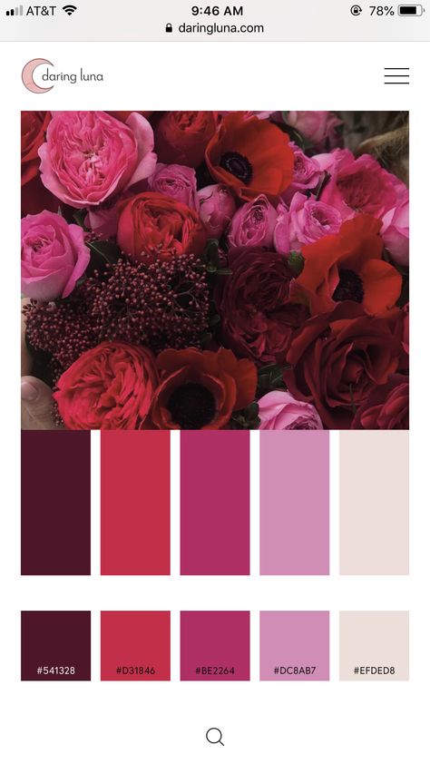 Reds And Pinks Palette, Romance Colour Palette, Pink Purple And Red Wedding, Magenta Website Design, Magenta Wedding Colors Colour Palettes, Shades Of Red Color Palette Wedding, Fusha Color Palette, Viva Magenta Flowers, Red Pink Purple Color Palette