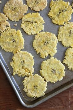 Baked Tostones (Green Plantains) | Skinnytaste | 2 plantains. Just add cooking spray and salt. Bake. 4 servings of 4pp ea. Mashed Plantains, Green Plantains, Plantain Recipes, Plantains Fried, Simply Recipes, Pudding Recipes, Tempura, Afternoon Snacks, Air Fryer Recipes