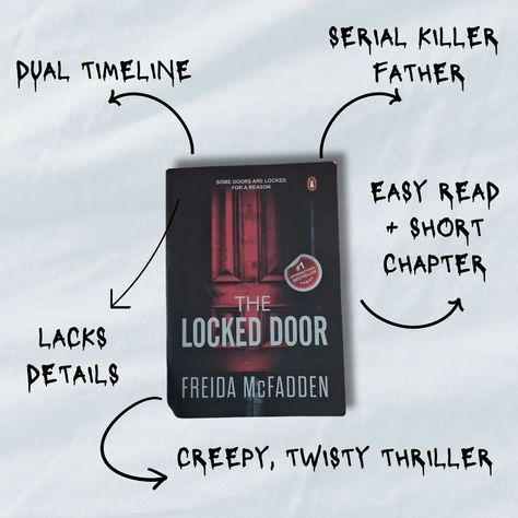 REVIEW Ft. THE LOCKED DOOR 🚪 by @fmcfaddenauthor ⭐⭐⭐⭐ I stumbled upon "The Locked Door" thanks to Bookstagram, and boy, am I glad I did! This thrilling read had me hooked from start to finish, with its intriguing storyline and clever use of dual timelines. Freida McFadden spins a tale that's perfect for a quick sit-down read, keeping you on the edge of your seat throughout. Plus, the twist of having a serial killer father had me turning pages faster than ever. However, while the journey was... The Locked Door Freida Mcfadden, The Locked Door Book Aesthetic, Freida Mcfadden, Locked Door, Turning Pages, Book Worm, On The Edge, Book Aesthetic, The Journey