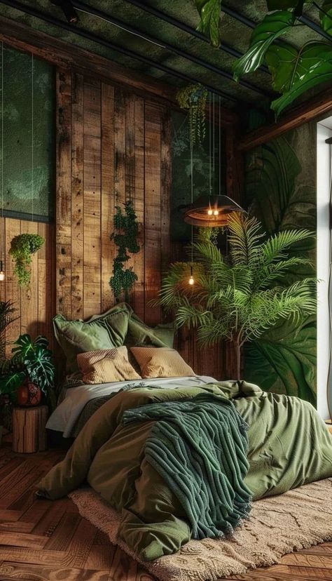 Jungle Room Aesthetic, Vert Aesthetic, Diy Moss, Bedroom Wall Decor Ideas, Boho Chic Interior, Mens Bedroom Decor, Jungle House, Deco Jungle, Jungle Room