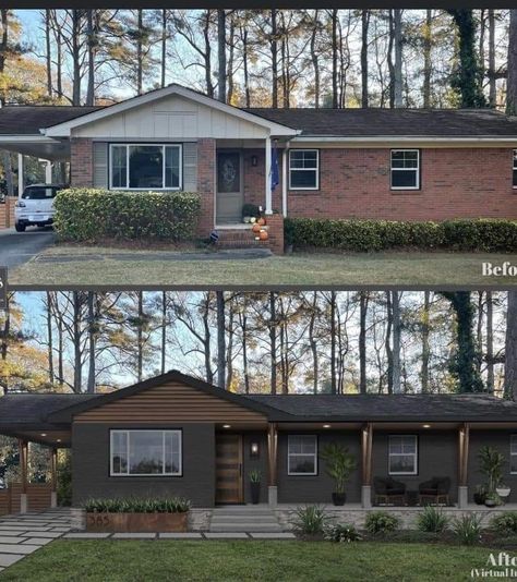 Updating Brick Ranch Exterior, Ranch House Dark Exterior, 1960s Exterior Remodel, Before And After House Exterior, Red Brick Ranch Exterior Makeover, Red Brick Ranch Exterior, Carport Renovation, Brick Ranch Curb Appeal, Paint Brick House