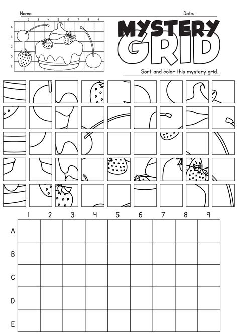 Mystery Grid Drawing, Drawing Worksheets, Art Sub Lessons, Drawing Grid, Grid Drawing, Homeschooling Curriculum, Middle School Lesson Plans, Hidden Images, 2nd Grade Worksheets