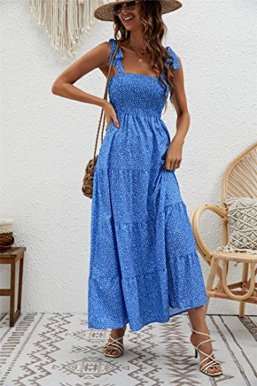 Kinstell Women's Summer Boho Spaghetti Strap Square Neck Ruffle Casual Flowy Long Dress Beach Swing Party Maxi Dress > 100% Polyester > Tie closure > Material: Polyester,comfy and relaxed fit well. Socialite Dress, Strapless Sundress, Estilo Chic, Sling Dress, Suspender Dress, French Lace, Evening Attire, Sleeveless Maxi Dress, Flowing Maxi Dress