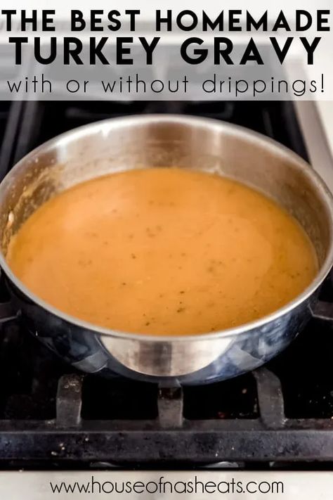 This incredibly easy recipe makes the BEST Homemade Turkey Gravy that I have ever had. Once you learn how to make turkey gravy from scratch rather than using a packet, you will never go back. I'll show you have to make this 4-ingredient turkey gravy with drippings, if you have them, or using broth or stock, if that's what is available instead. | homemade turkey gravy recipe | homemade turkey gravy with drippings | homemade turkey gravy without drippings Making Turkey Gravy Without Drippings, How To Make Turkey Gravy From Broth, Turkey Stock Gravy Recipe, Make Ahead Gravy Without Drippings, Homemade Turkey Gravy With Drippings, Best Turkey Gravy From Drippings, Turkey Gravy Sandwiches, Brown Turkey Gravy Recipe, Easy Turkey Gravy From Drippings