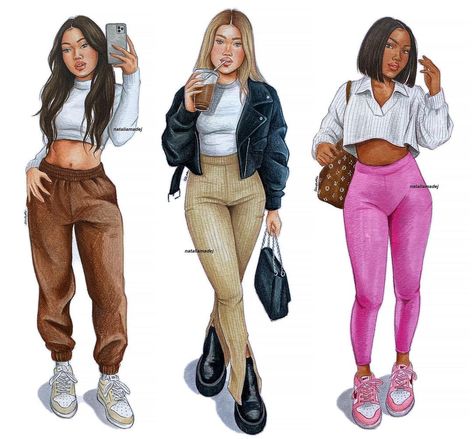 Natalia Madej on Instagram: “Just some outfit drawings for you 💅🏼 #outfit #drawing #illustration” Fashion Sketch Streetwear, Ariana Grande Outfit Drawing, Natalia Madej Sketches, Bratz Illustration Fashion, Jeans Drawing, Melique Street Fashion Illustrations, Girl Hair Drawing, Fashion Model Sketch, Pajama Fashion