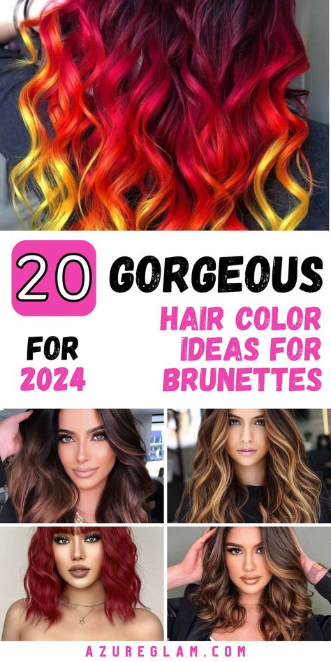 Embrace the versatility of brunette hair with "20 Hair Color Ideas for Brunettes in 2024." Our guide offers a rich selection of options, from highlights that capture the summer sun to balayage that exudes elegance. Whether you prefer a trendy ombre style or a bold and different look, these hair color ideas empower you to express your unique style in 2024. Explore the collection and find the perfect shade to complement your personality. Hot Hair Colors 2024, Trendy Hair Colors For 2024, Fun Summer Hair Color For Brunettes, Fun Summer Hair Color Ideas, Fun Highlights For Brunettes, Spring 2024 Hair Color Trends, Hair Styles Color Ideas, Spring Hair Color Trends 2024, Summer 2024 Hair Color Trends