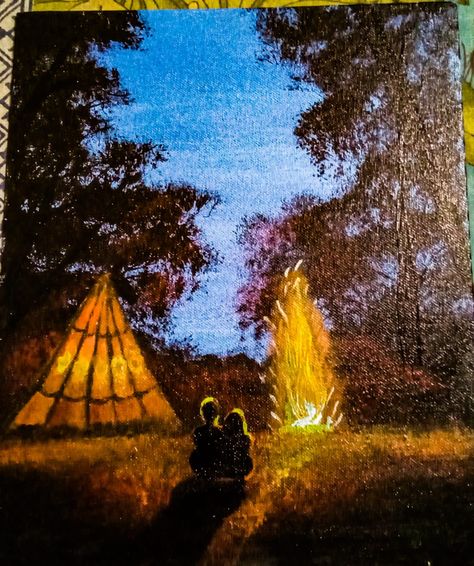 Bonfire Painting Acrylic, Bonfire Painting, Night Scape, Birding Journal, Painting Night, Canvas Acrylic Painting, Bonfire Night, Night Painting, Canvas Acrylic