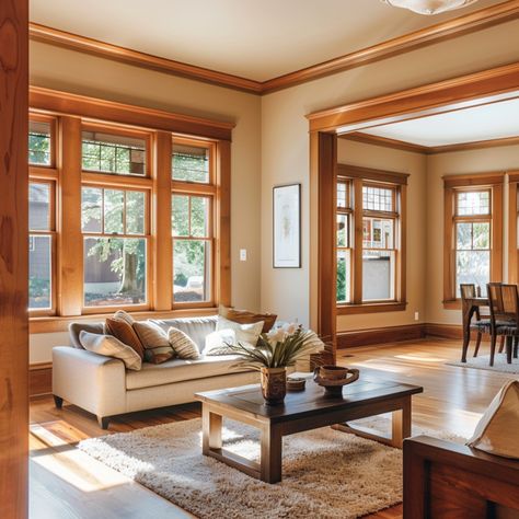 beige living room with wood trim Cherry Oak Trim Living Room, Modern Home With Wood Trim, White Living Room Wood Trim, Living Room Honey Oak Trim, Beige Walls Wood Floors, How To Decorate With Oak Trim, Wall Color With Oak Trim, Neutral Paint With Oak Trim, Pale Oak With Wood Trim