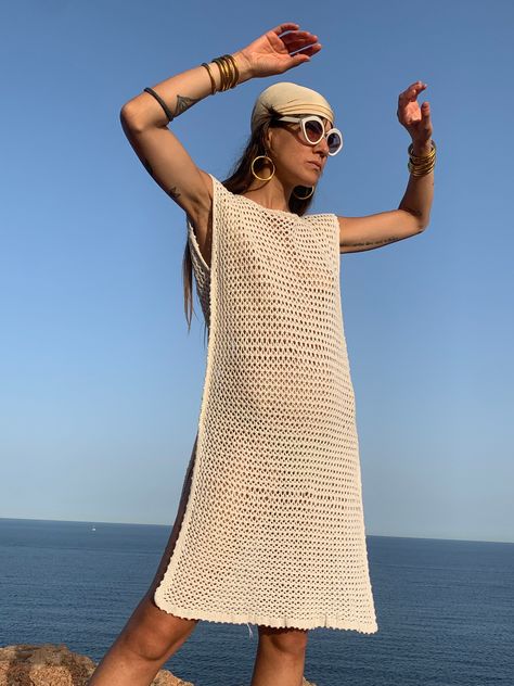 Vintage lace crochet textiles up-cycled dress by Vagabond Ibiza Beach Crochet Ideas, Summer Knit Dress, Dress Upcycle, Knit Beach Dress, Crochet Dress Boho, Vintage Crochet Dresses, Crochet Beach Cover Up, Crochet Garments, Pool Dress